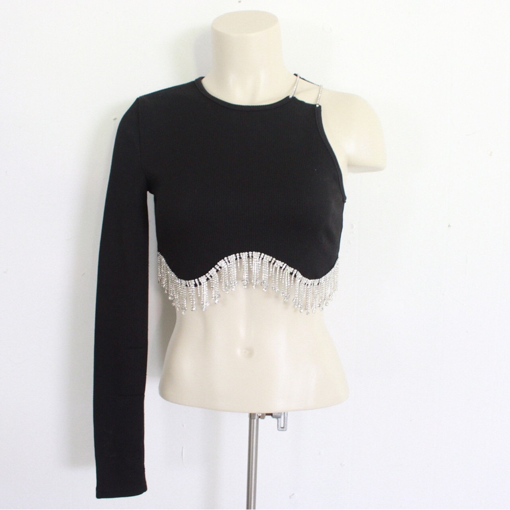 Ribbed One Shoulder Fringe Rhinestones Top